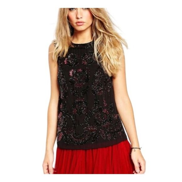 Needle & Thread Black Sequin Blouse Top Beaded Metallic Embellished Sleeveless 6 - Picture 1 of 8